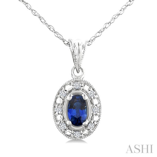 5X3 MM Oval Shape Sapphire and 1/20 Ctw Round Cut Diamond Pendant in 14K White Gold with Chain