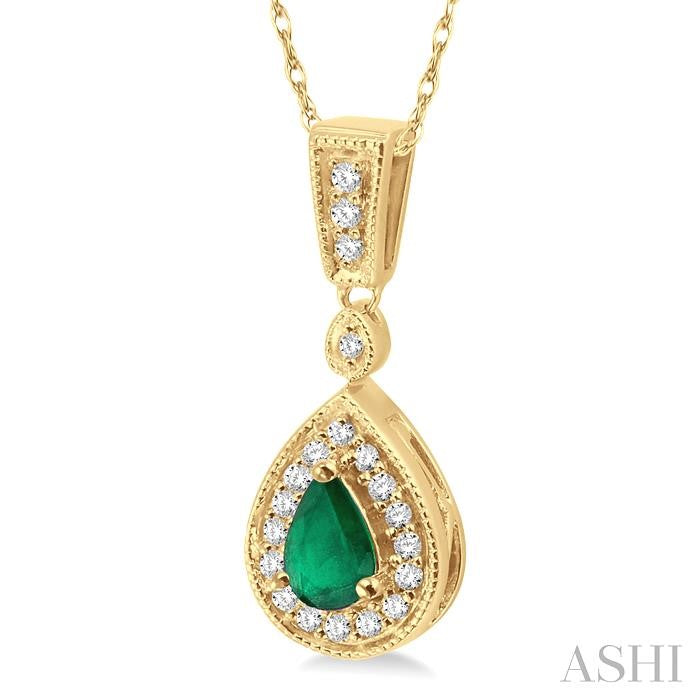 6X4 MM Pear Shape Emerald and 1/6 Ctw Round Cut Diamond Pendant in 14K Yellow Gold with Chain