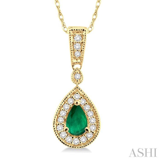 6X4 MM Pear Shape Emerald and 1/6 Ctw Round Cut Diamond Pendant in 14K Yellow Gold with Chain