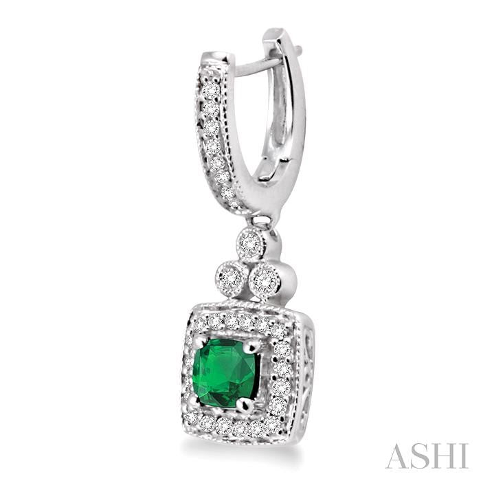 4X4 MM Cushion Shape Emerald and 1/3 Ctw Round Cut Diamond Earrings in 14K White Gold