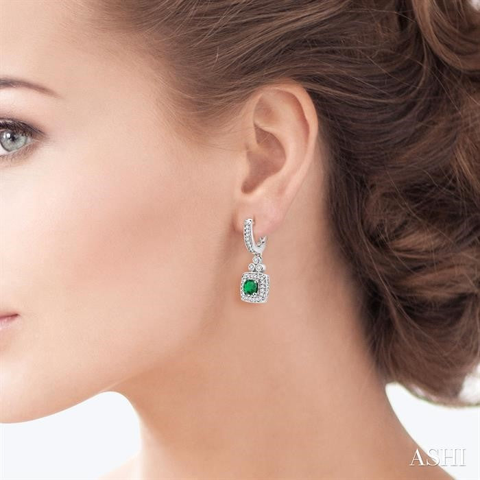 4X4 MM Cushion Shape Emerald and 1/3 Ctw Round Cut Diamond Earrings in 14K White Gold