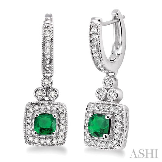4X4 MM Cushion Shape Emerald and 1/3 Ctw Round Cut Diamond Earrings in 14K White Gold