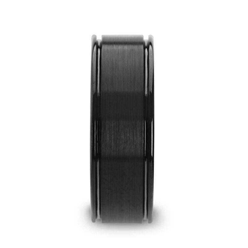 BLACKHEART Flat Brushed Finish Center Black Ceramic Wedding Band with Dual Offset Grooves and Polished Edges - 6mm or 8m