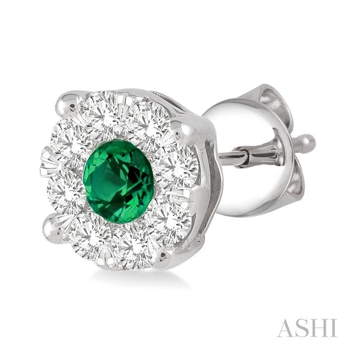 3.3 MM Round Cut Emerald and 1/2 Ctw Lovebright Diamond Precious Earrings in 14K White Gold