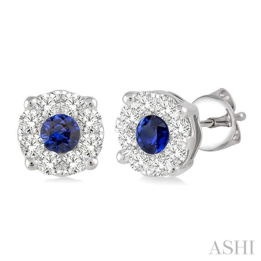 3.3 MM Round Cut Sapphire and 1/2 Ctw Lovebright Diamond Precious Earrings in 14K White Gold