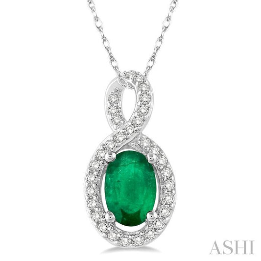 6X4 MM Oval Cut Emerald and 1/10 Ctw Round Cut Diamond Pendant in 10K White Gold with Chain