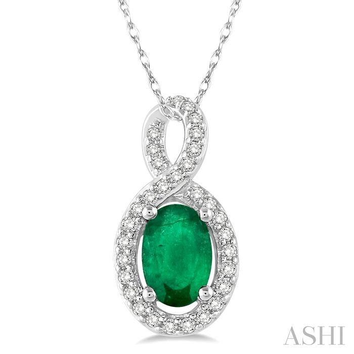 6X4 MM Oval Cut Emerald and 1/10 Ctw Round Cut Diamond Pendant in 10K White Gold with Chain