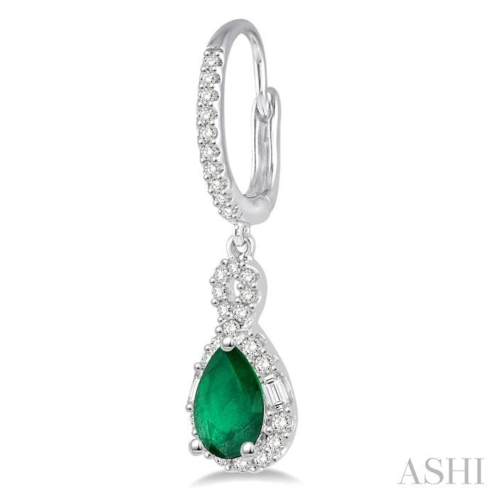 6X4 MM Pear Cut Emerald and 1/2 Ctw Round Cut Diamond Precious Earrings in 14K White Gold