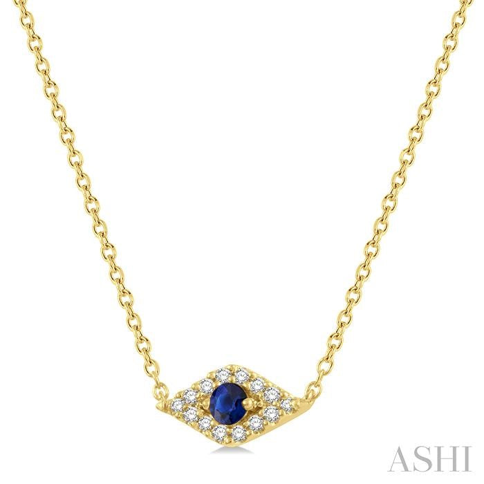 2.60 MM Round Cut Sapphire and 1/10 Ctw Evil Eye Round Cut Diamond Precious Petite Fashion Pendant With Chain in 10K Yel