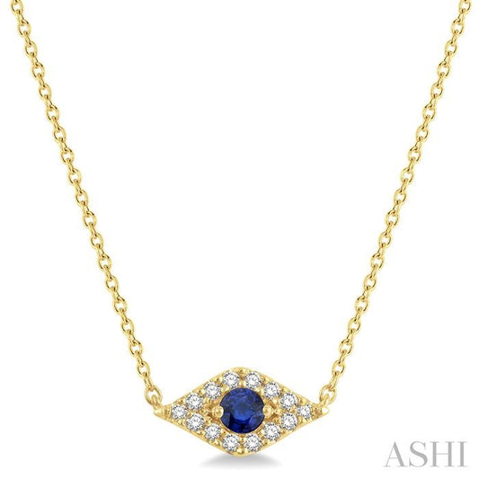 2.60 MM Round Cut Sapphire and 1/10 Ctw Evil Eye Round Cut Diamond Precious Petite Fashion Pendant With Chain in 10K Yel