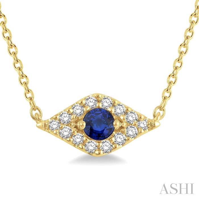 2.60 MM Round Cut Sapphire and 1/10 Ctw Evil Eye Round Cut Diamond Precious Petite Fashion Pendant With Chain in 10K Yel