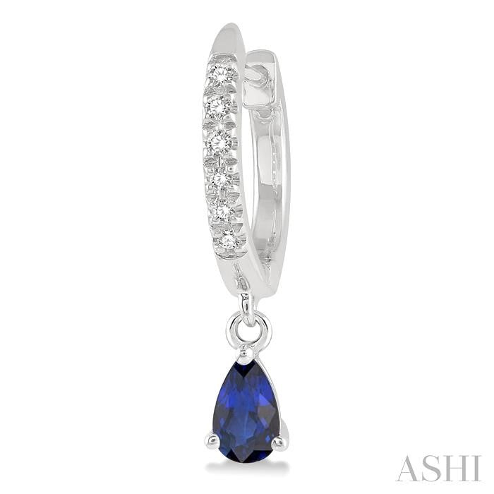 5X3 MM Pear Cut Sapphire and 1/8 Ctw Round Cut Diamond Petite Fashion Huggie Earrings in 10K White Gold