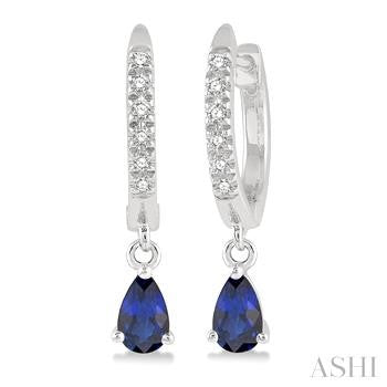 5X3 MM Pear Cut Sapphire and 1/8 Ctw Round Cut Diamond Petite Fashion Huggie Earrings in 10K White Gold