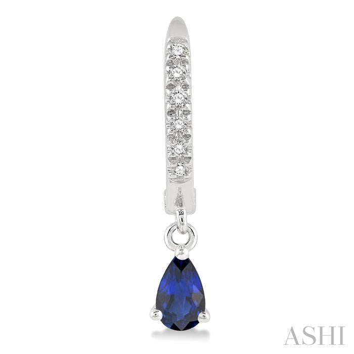 5X3 MM Pear Cut Sapphire and 1/8 Ctw Round Cut Diamond Petite Fashion Huggie Earrings in 10K White Gold