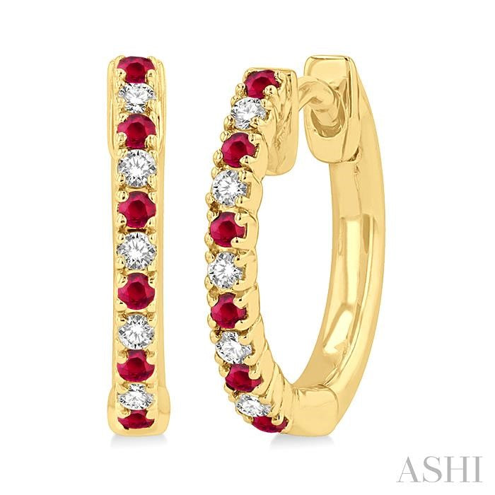 1.35 MM Round Shape Ruby and 1/10 Ctw Petite Round Cut Diamond Precious Fashion Huggies in 10K Yellow Gold