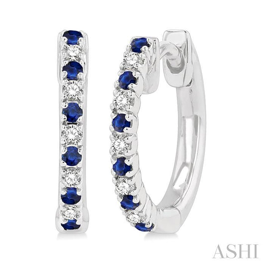1.35 MM Round Shape Sapphire and 1/10 Ctw Petite Round Cut Diamond Precious Fashion Huggies in 10K White Gold