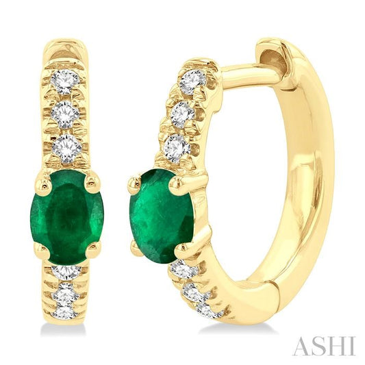 4X3 MM Oval Cut Emerald and 1/10 Ctw Petite Round Cut Diamond Fashion Huggies in 10K Yellow Gold