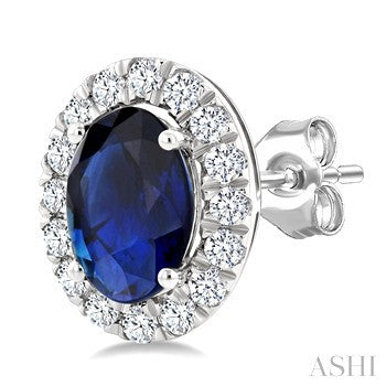 6X4 MM Oval Shape Sapphire and 1/4 Ctw Round Cut Diamond Halo Precious Stud Earrings in 14K White Gold