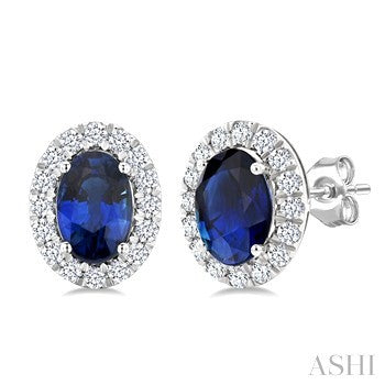 6X4 MM Oval Shape Sapphire and 1/4 Ctw Round Cut Diamond Halo Precious Stud Earrings in 14K White Gold