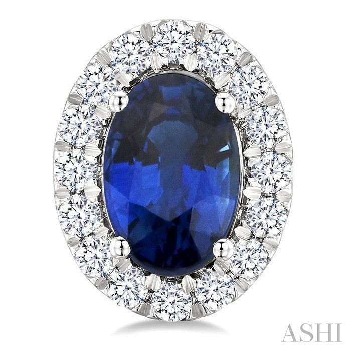 6X4 MM Oval Shape Sapphire and 1/4 Ctw Round Cut Diamond Halo Precious Stud Earrings in 14K White Gold