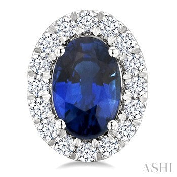 6X4 MM Oval Shape Sapphire and 1/4 Ctw Round Cut Diamond Halo Precious Stud Earrings in 14K White Gold