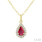 6X4 MM Pear Shape Ruby and 1/6 Ctw Round Cut Diamond Halo Precious Pendant with Chain in 14K Yellow Gold