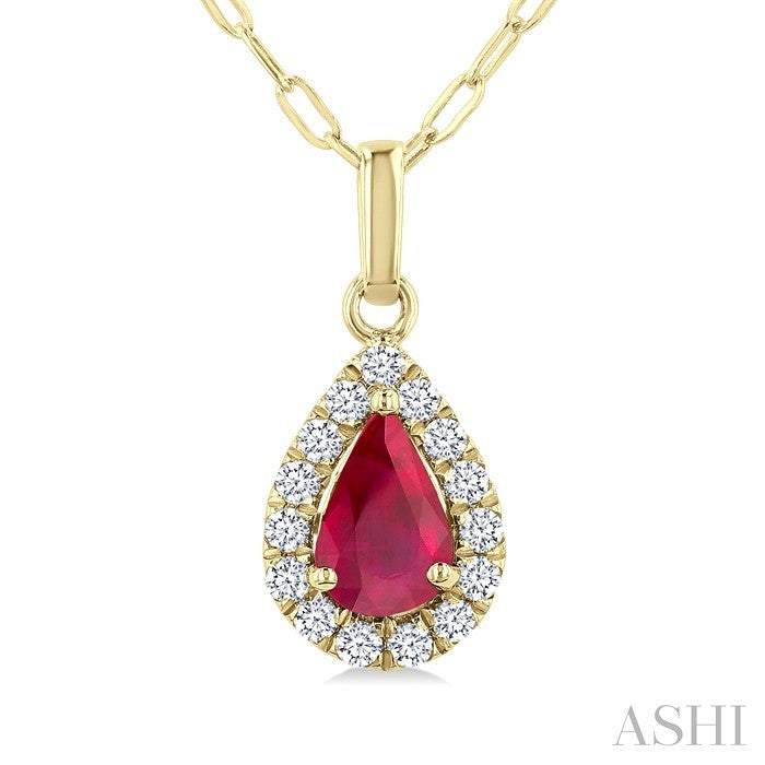 6X4 MM Pear Shape Ruby and 1/6 Ctw Round Cut Diamond Halo Precious Pendant with Chain in 14K Yellow Gold