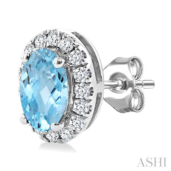 5X3 MM Oval Shape Aquamarine and 1/8 Ctw Round Cut Diamond Halo Semi-Precious Stud Earrings in 14K White Gold