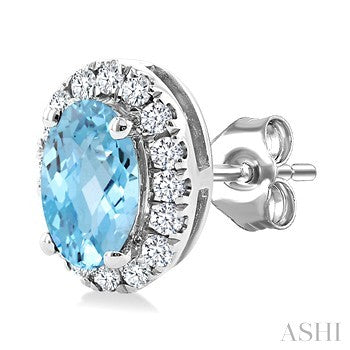 5X3 MM Oval Shape Aquamarine and 1/8 Ctw Round Cut Diamond Halo Semi-Precious Stud Earrings in 14K White Gold