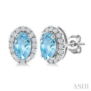 5X3 MM Oval Shape Aquamarine and 1/8 Ctw Round Cut Diamond Halo Semi-Precious Stud Earrings in 14K White Gold