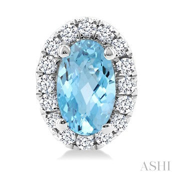 5X3 MM Oval Shape Aquamarine and 1/8 Ctw Round Cut Diamond Halo Semi-Precious Stud Earrings in 14K White Gold