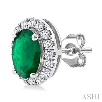 5X3 MM Oval Shape Emerald and 1/8 Ctw Round Cut Diamond Halo Precious Stud Earrings in 14K White Gold