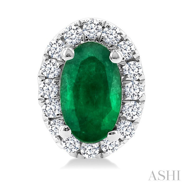 5X3 MM Oval Shape Emerald and 1/8 Ctw Round Cut Diamond Halo Precious Stud Earrings in 14K White Gold
