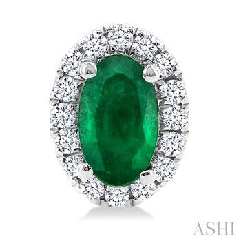 5X3 MM Oval Shape Emerald and 1/8 Ctw Round Cut Diamond Halo Precious Stud Earrings in 14K White Gold
