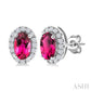 5X3 MM Oval Shape Pink Tourmaline and 1/8 Ctw Round Cut Diamond Halo Semi-Precious Stud Earrings in 14K White Gold
