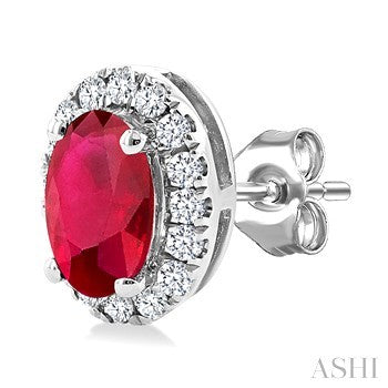 5X3 MM Oval Shape Ruby and 1/8 Ctw Round Cut Diamond Halo Precious Stud Earrings in 14K White Gold