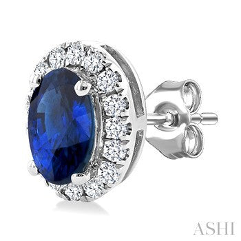 5X3 MM Oval Shape Sapphire and 1/8 Ctw Round Cut Diamond Halo Precious Stud Earrings in 14K White Gold