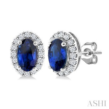 5X3 MM Oval Shape Sapphire and 1/8 Ctw Round Cut Diamond Halo Precious Stud Earrings in 14K White Gold