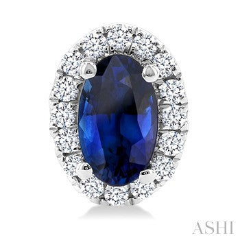 5X3 MM Oval Shape Sapphire and 1/8 Ctw Round Cut Diamond Halo Precious Stud Earrings in 14K White Gold
