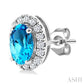 5X3 MM Oval Shape Blue Topaz and 1/8 Ctw Round Cut Diamond Halo Semi-Precious Stud Earrings in 10K White Gold