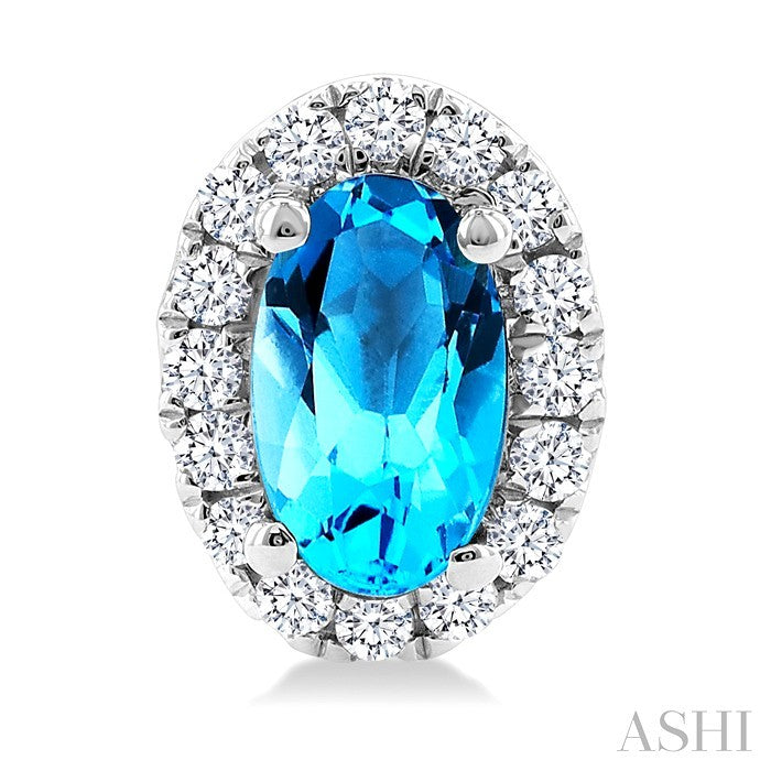 5X3 MM Oval Shape Blue Topaz and 1/8 Ctw Round Cut Diamond Halo Semi-Precious Stud Earrings in 10K White Gold