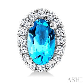 5X3 MM Oval Shape Blue Topaz and 1/8 Ctw Round Cut Diamond Halo Semi-Precious Stud Earrings in 10K White Gold
