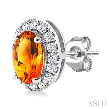 5X3 MM Oval Shape Citrine and 1/8 Ctw Round Cut Diamond Halo Semi-Precious Stud Earrings in 10K White Gold
