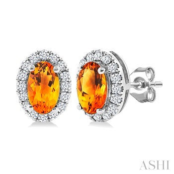 5X3 MM Oval Shape Citrine and 1/8 Ctw Round Cut Diamond Halo Semi-Precious Stud Earrings in 10K White Gold