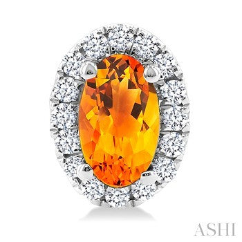 5X3 MM Oval Shape Citrine and 1/8 Ctw Round Cut Diamond Halo Semi-Precious Stud Earrings in 10K White Gold