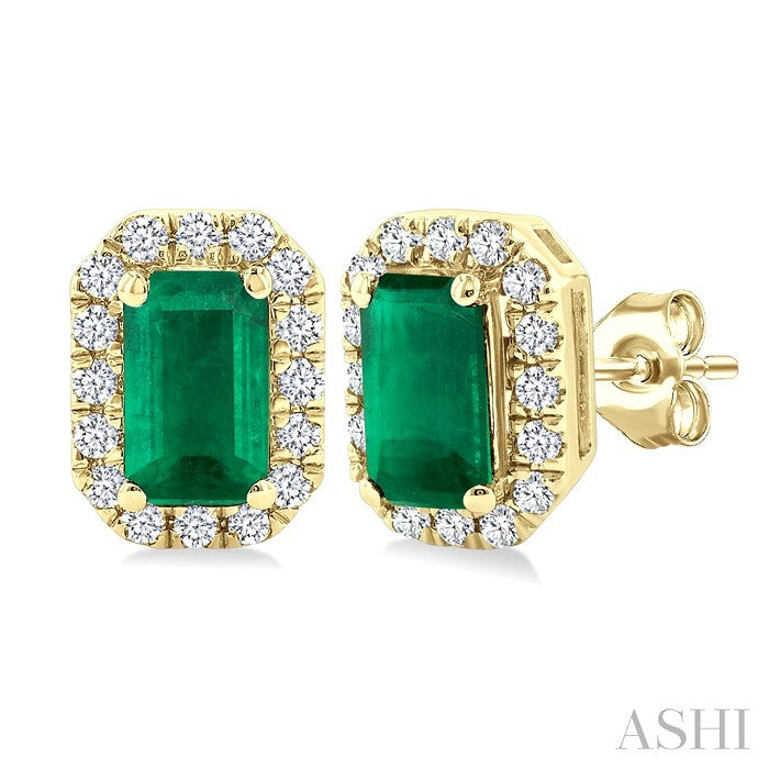 5X3 MM Octagonal Shape Emerald and 1/8 Ctw Round Cut Diamond Halo Precious Stud Earrings in 10K Yellow Gold