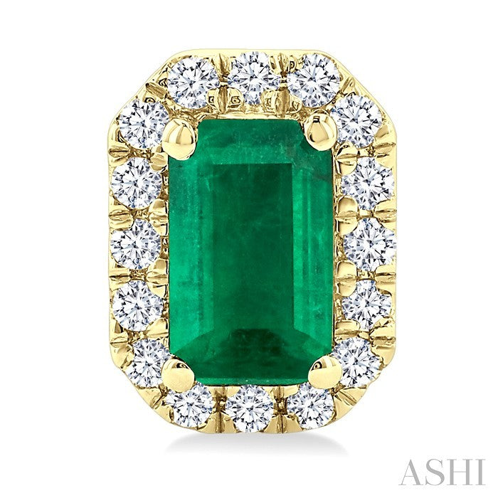 5X3 MM Octagonal Shape Emerald and 1/8 Ctw Round Cut Diamond Halo Precious Stud Earrings in 10K Yellow Gold
