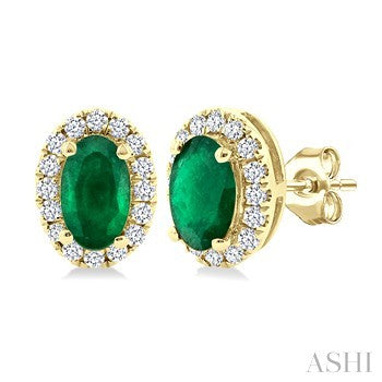 5X3 MM Oval Shape Emerald and 1/8 Ctw Round Cut Diamond Halo Precious Stud Earrings in 10K Yellow Gold