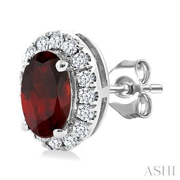 5X3 MM Oval Shape Garnet and 1/8 Ctw Round Cut Diamond Halo Semi-Precious Stud Earrings in 10K White Gold