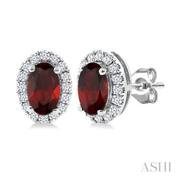 5X3 MM Oval Shape Garnet and 1/8 Ctw Round Cut Diamond Halo Semi-Precious Stud Earrings in 10K White Gold